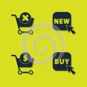 Set Remove shopping cart, Buy button, Shopping and dollar and Button with text New icon. Vector