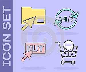 Set Remove shopping cart, Cursor click document folder, Buy button and Clock 24 hours icon. Vector