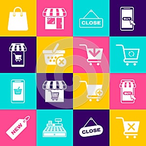 Set Remove shopping cart, Mobile and, Refresh, Hanging sign with Close, basket, Handbag and Add to Shopping icon. Vector