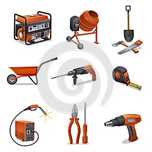 Set Repair worker tools, Different hand tools instruments equipment. Construction, Building home renovation