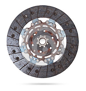 Set of replacement automotive clutch isolated on white background. Disc and clutch basket with release bearing
