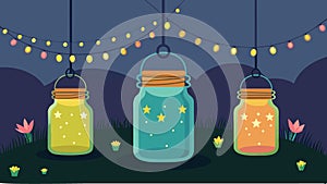 A set of repurposed mason jar lanterns perfect for outdoor gatherings.. Vector illustration.