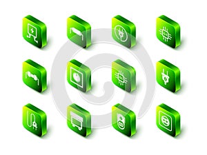 Set Resistor electricity, Electric plug, Processor with microcircuits CPU, Electrical outlet, and Fuse icon. Vector