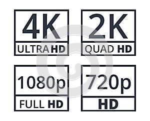 Set of resolution symbols. 2k, 4k, 1080p y 720p signs.