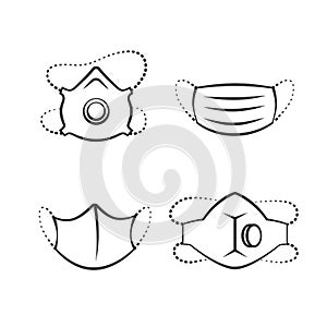 Set of respiratory and medical masks with different levels of virus protection. Vector linear icons of face masks.