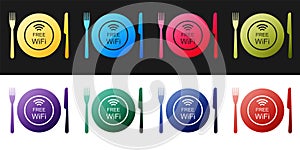 Set Restaurant Free Wi-Fi zone icon isolated on black and white background. Plate, fork and knife sign. Vector