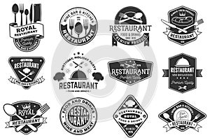 Set of Restaurant logo. Vector Illustration. Vintage graphic design for logotype, label, badge with plate, steak, cloche