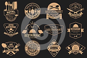 Set of Restaurant logo. Vector Illustration. Vintage graphic design for logotype, label, badge with plate, steak, cloche