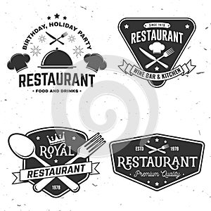 Set of Restaurant shop, menu logo. Vector Illustration. Vintage graphic design for logotype, label, badge with plate