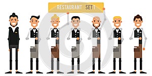 Set of restaurant workers. Hostess with waiters in flat style. V