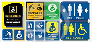Set of restroom, nursing room, lactation room placard sign