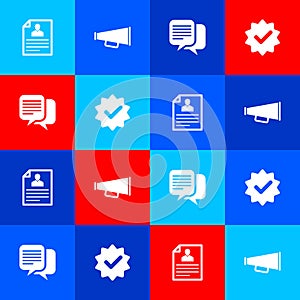 Set Resume, Megaphone, Chat and Approved and check mark icon. Vector