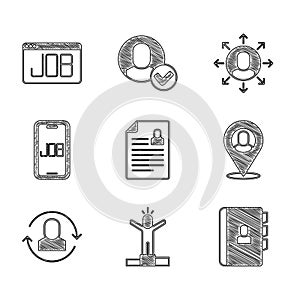 Set Resume, Productive human, Worker location, Exchange work, Search job, Multitasking manager working and icon. Vector