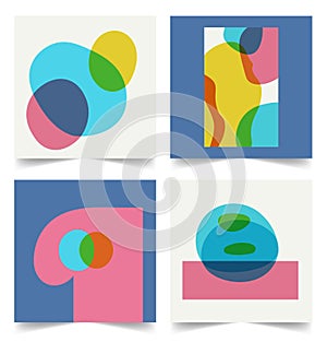 Set of retro backgrounds with hand drawn shapes risograph effect. Abstract naive square template for social media post