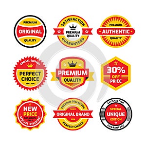 Set retro business badge vector illustration set in flat style. Vintage premium logo collection. Authentic original quality.