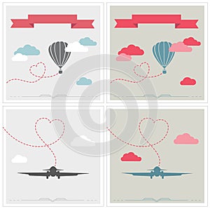 Set of retro cards with aerostat and plane flying