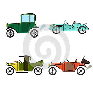 Set of retro cars, pickup and sports car in cartoon style on white background. Collection with vintage car, pickup and sports car