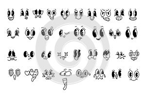 Set of retro cartoon mascot characters. Vintage funny faces with emotions of joy, fun, surprise or cunning. Funny