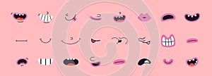 Set of retro cartoon mouths, groovy comic characters different face expressions, old animation. Emotions like happy, sad