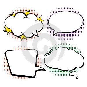 Set retro of cartoon, speech sketch. Comic speech bubbles. Empty dialog Clouds in pop art style with halftone shadows