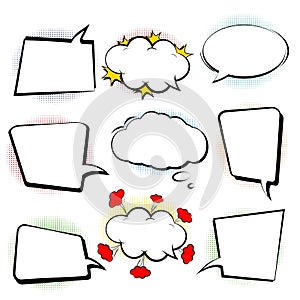 Set retro of cartoon, speech sketch. Comic speech bubbles. Empty dialog Clouds in pop art style with halftone shadows. Sketch blac