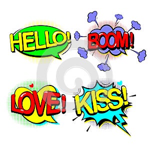 Set retro of cartoon, speech sketch. HELLO, BOOM, KISS, LOVE. Comic speech bubbles. Dialog Clouds in pop art style. Vector