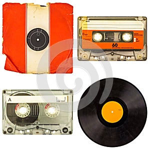 Set of retro compact cassettes and vinyl albums isolated on whit