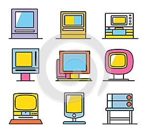 Set of retro computers and vintage technology screens. Colorful old fashioned personal computers and monitors, vector