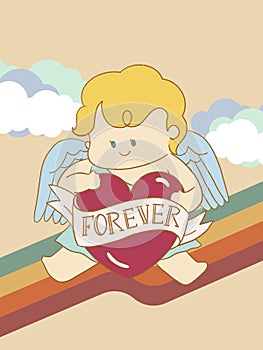 Set retro doodle character cute cupid eros angel with heart and abstract background