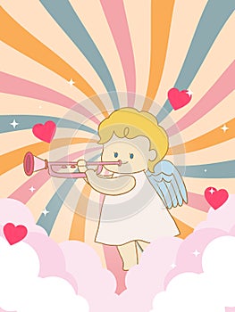 Set retro doodle character cute cupid eros angel with heart and abstract background