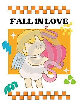 Set retro doodle character cute cupid eros angel with heart and abstract background