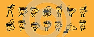 Set of retro doodle funny characters posters. Vintage drink vector illustration. Latte, cappuccino, coffee cup mascot