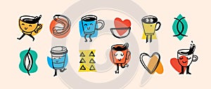 Set of retro doodle funny coffee characters and geometric shapes and doodles posters. Latte, cappuccino, coffee cup
