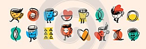 Set of retro doodle funny coffee characters and geometric shapes and doodles posters. Latte, cappuccino, coffee cup