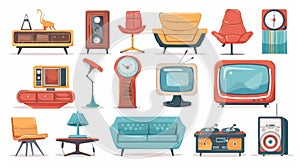 Set of retro furniture for the home interior. Vintage sofa, armchair, old TV, record player, floor lamp, vinyl records