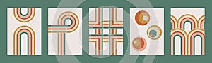 Set of retro geometric 70 s groovy wall decor prints. Abstract posters for modern esthetic interior. Vintage printable artwork. photo