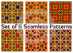 Set of 6 retro geometric seamless patterns with triangles and squares of red, blue, green, violet and orange shades