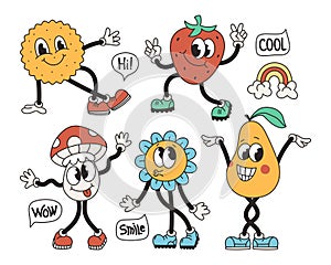Set of retro groove character. Funny vintage mascot flower, cookie, fruit, speech bubble. Vector cartoon