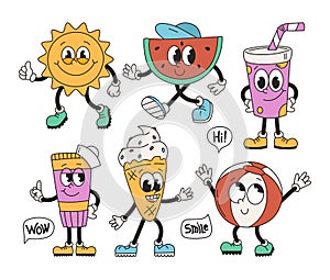 Set of retro groovy summer characters. Funny vintage mascot, sun, fruit, ice cream, cream, ball, drink, speech bubble. Vector