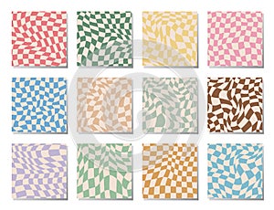 Set of retro groovy wavy psychedelic checkerboard in pale pastel colors, square. Y2K, phone case background from the 90s. Hippie
