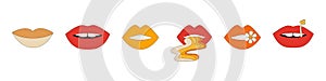 Set of retro lips. Collection of different lips in a hippie style. A mouth with a flower, a mushroom and an abstract