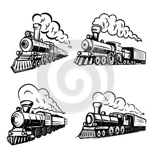 Set of retro locomotives on white background. Design elements for logo, label, emblem, sign.