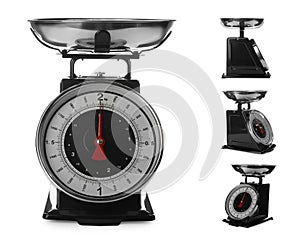 Set with retro mechanical kitchen scales on white background