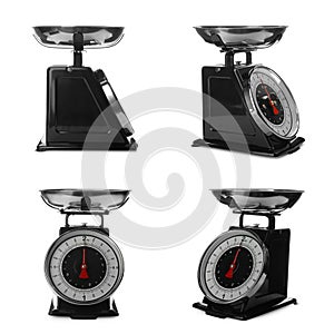 Set with retro mechanical kitchen scales on white background