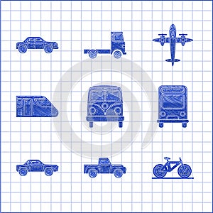 Set Retro minivan, Pickup truck, Bicycle, Bus, Sedan car, Train, Old retro vintage plane and icon. Vector