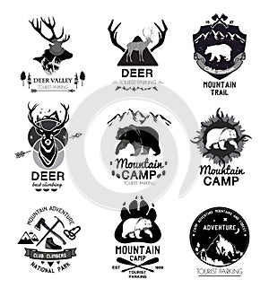 Set retro mountain camp and the journey logo, emblem, label.