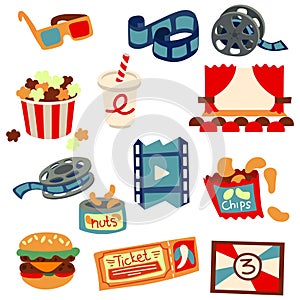 A set of retro movie elements. All elements of a movie theater with fast food for watching a movie. Screen, reel, film