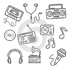 Set of retro music doodle illustrations