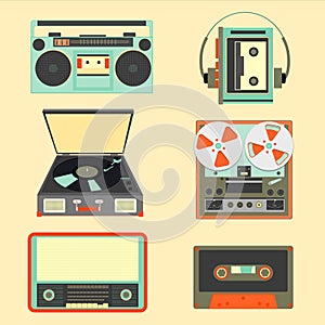 Set of retro music gadgets from 21-st century. Old musical devices vector illustration. Tape stereo system, audio