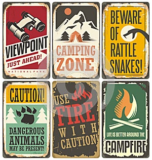 Set of retro outdoor camp signs and poster templates photo